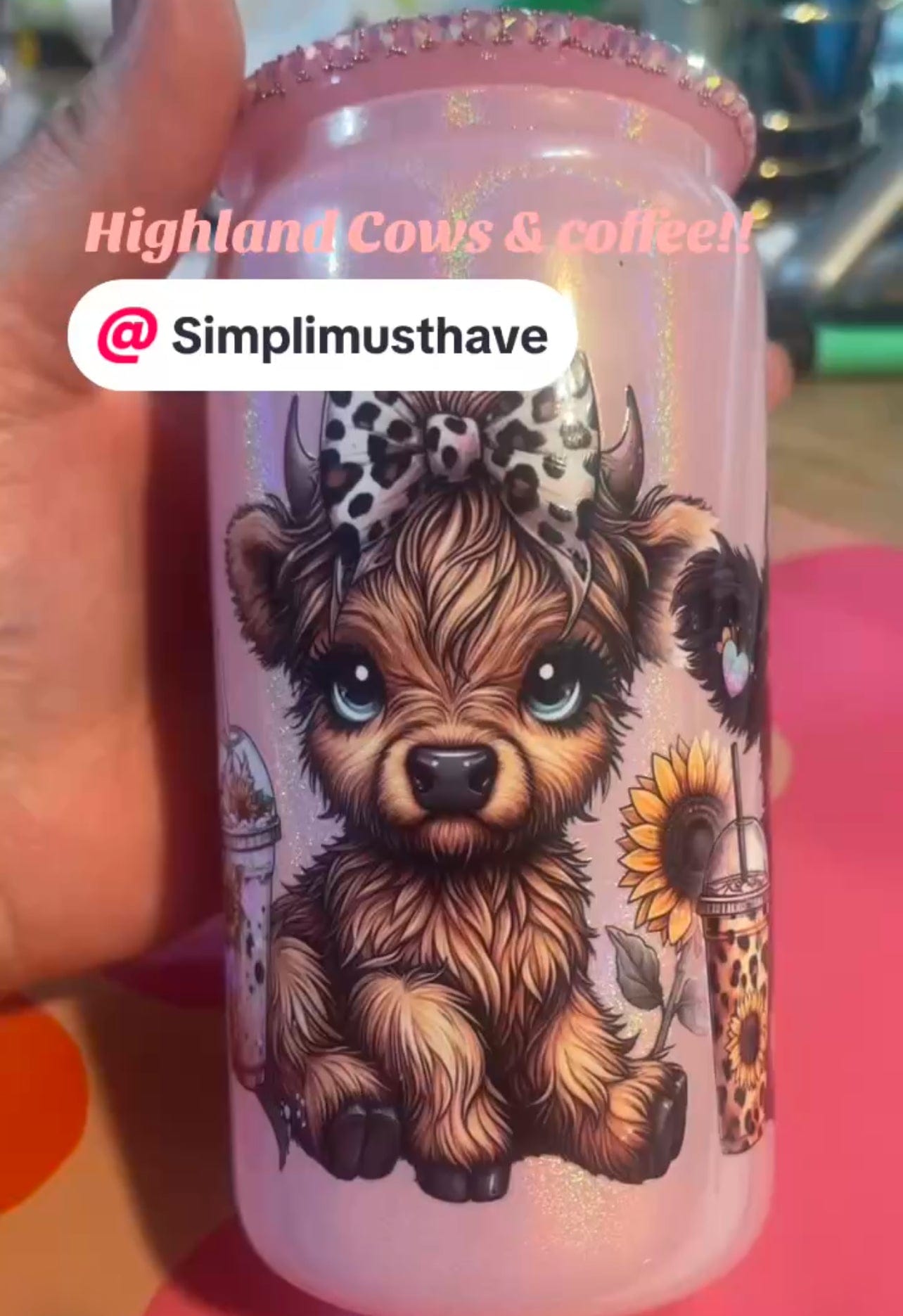Simpli Must Have Bling Cup Highland Cow Pink Libbey Glass with Bling Rhinestone Lid